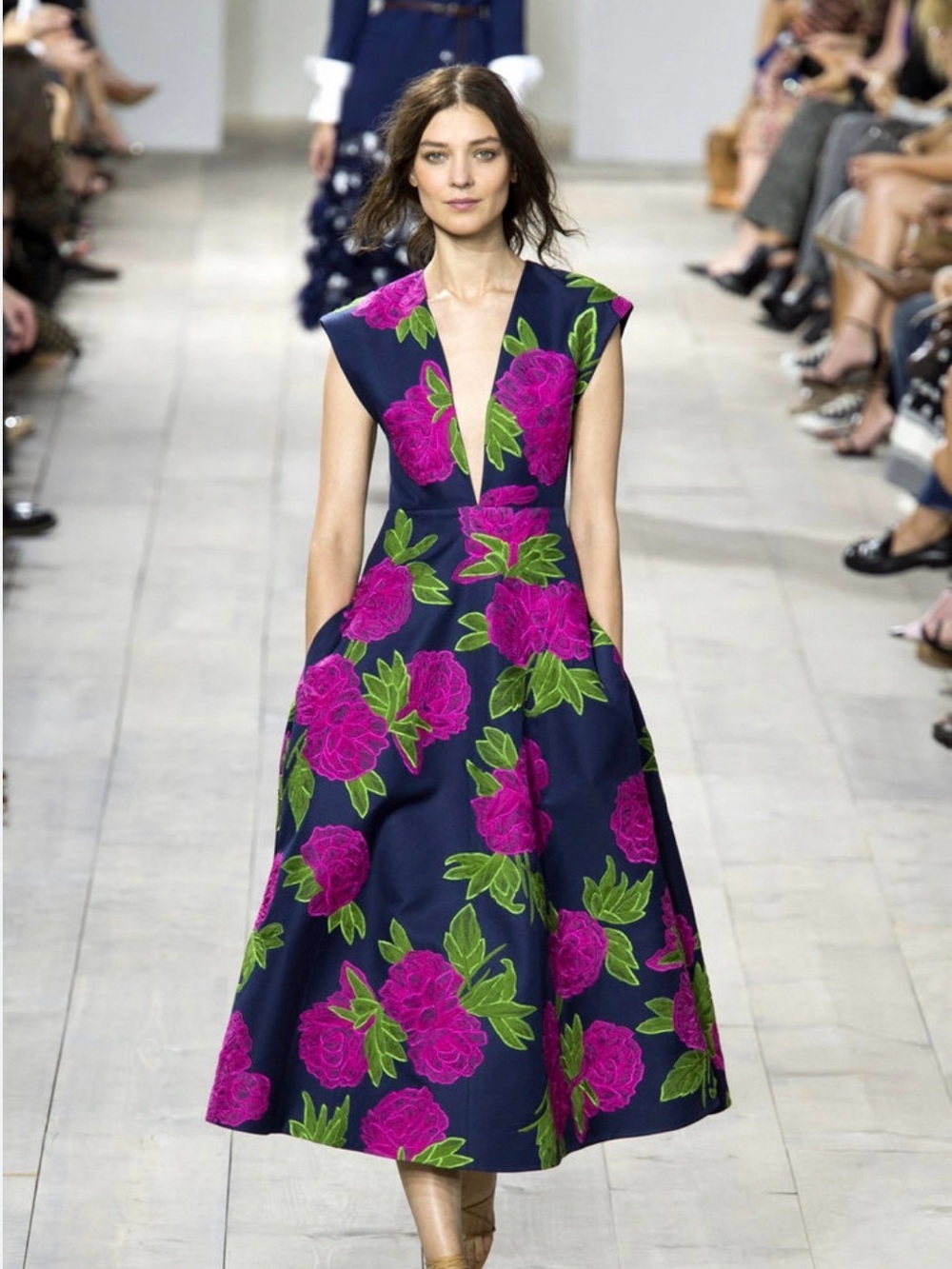 Michael Kors Collection Navy Midi Dress with Bright Pink Floral Embroidery